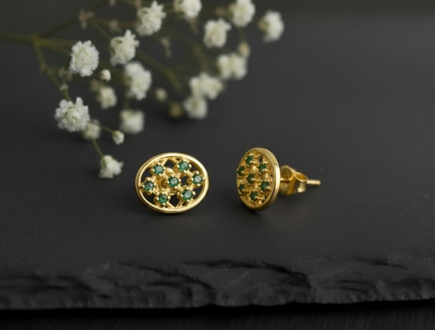 Emerald Mosaic Studs: Natural Emerald Cluster Earrings in Sterling Silver