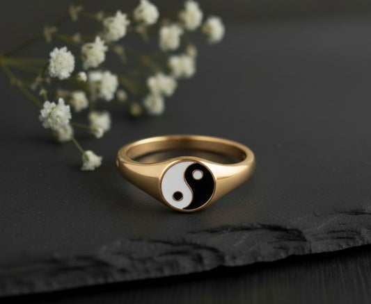 Balance Ring: Sterling Silver Signet with Black & White Enamel Yin-Yang