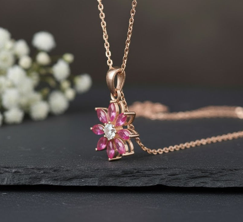 Ruby Petal Set: Natural Ruby & Moissanite Flower Pendant & Stud Earrings