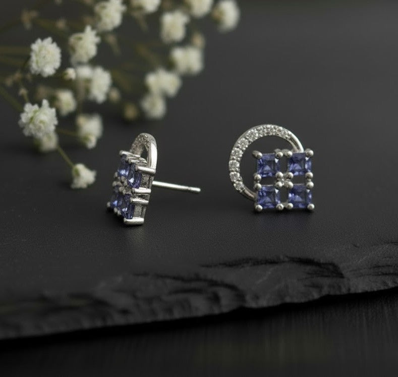 Twilight Bloom Studs: Natural Tanzanite & Moissanite Halo Earrings in Sterling Silver