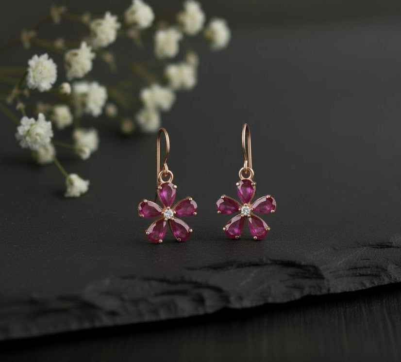 Natural Ruby & Moissanite Flower Pendant and Drop Earrings