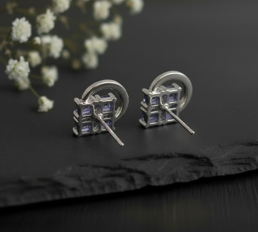 Twilight Bloom Studs: Natural Tanzanite & Moissanite Halo Earrings in Sterling Silver