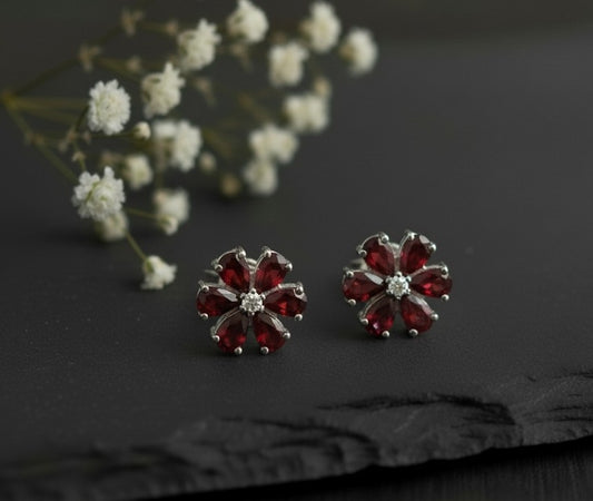 Floral Passion Studs: Natural Garnet Flower & Moissanite Accent Earrings