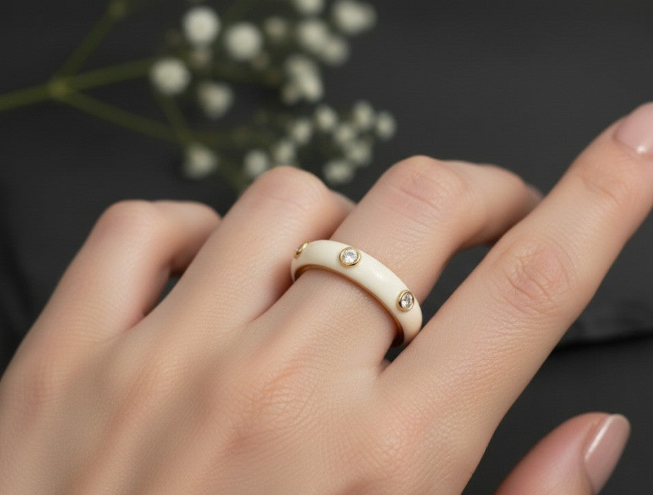 Brilliant Line Ring: Natural Moissanite Eternity Band with White Enamel Detail