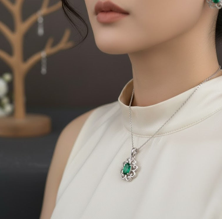 Enchanted Garden Set: Natural Emerald Flower Pendant & Stud Earrings in Sterling Silver