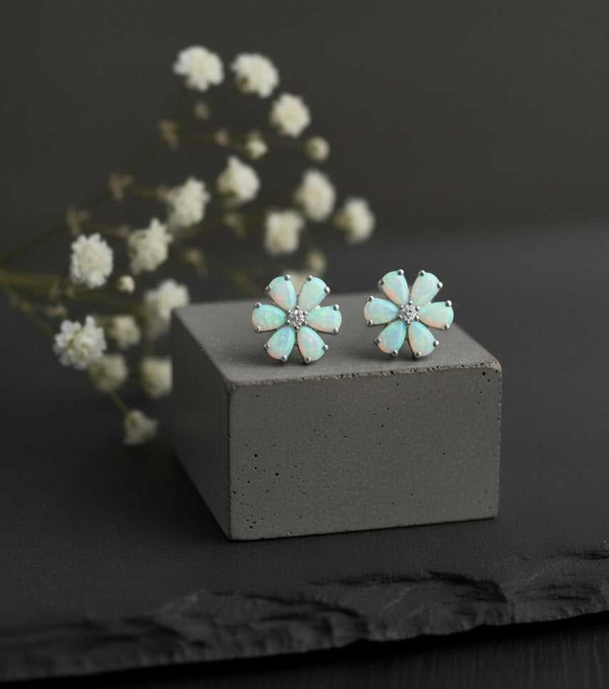 Celestial Daisy Studs: Natural Opal Flower with Dazzling Moissanite Center