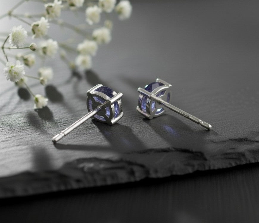 Violet Fire Studs: Natural Round Tanzanite Solitaire Earrings in Sterling Silver