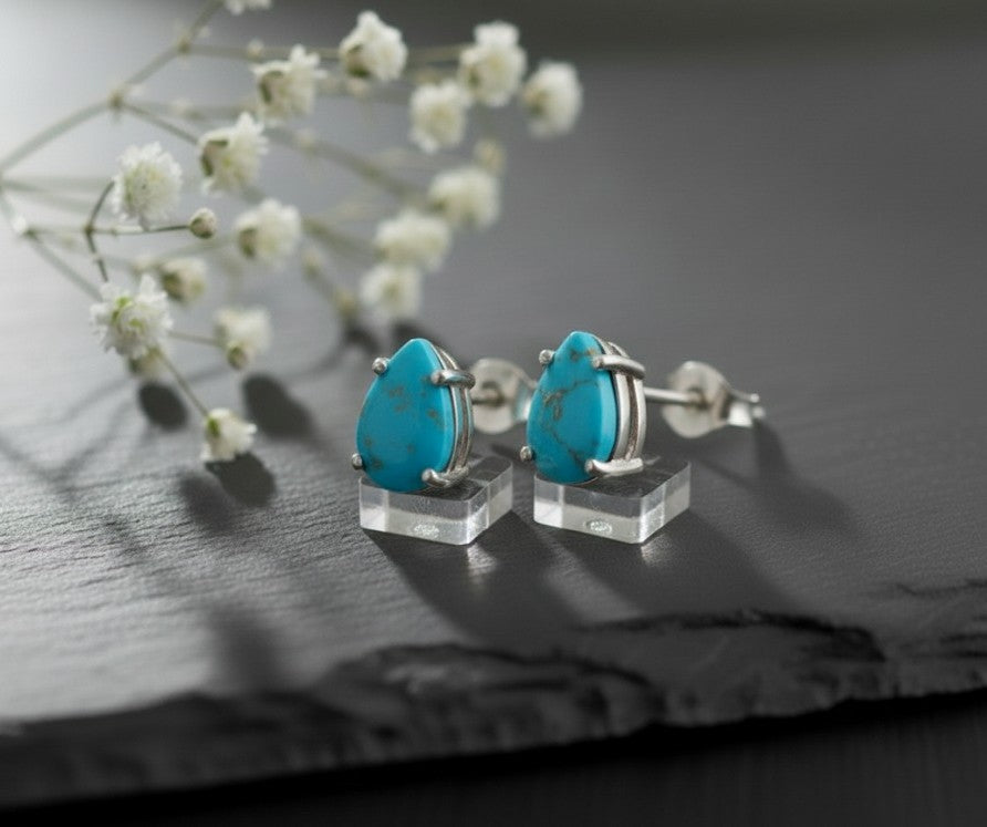 Desert Sky Studs: Natural Teardrop Turquoise Earrings in Sterling Silver