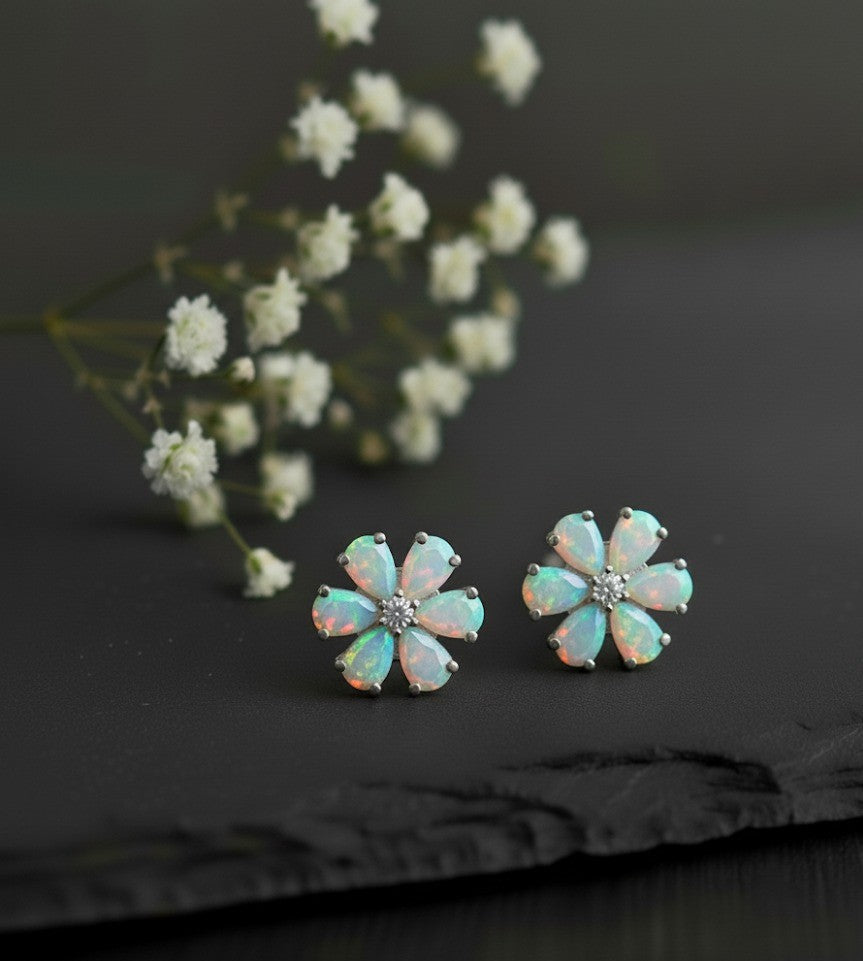 Celestial Daisy Studs: Natural Opal Flower with Dazzling Moissanite Center