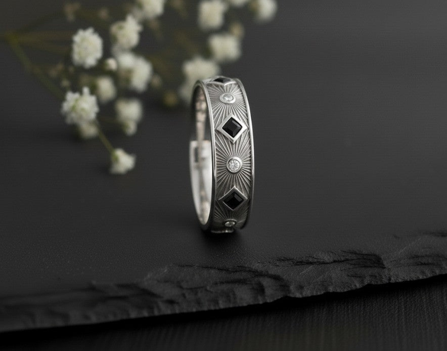 Art Deco Sunburst Band: Natural Black Spinel & Moissanite Eternity Ring in Sterling Silver