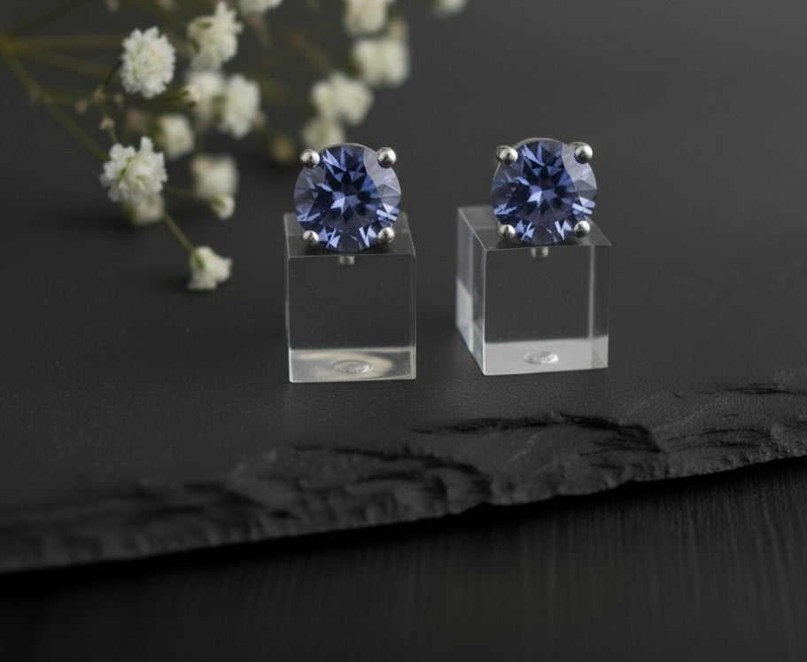 Violet Fire Studs: Natural Round Tanzanite Solitaire Earrings in Sterling Silver