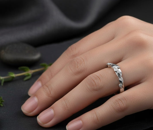 Whispering Leaves Ring: Natural Moissanite Accents in Sterling Silver Vine Band