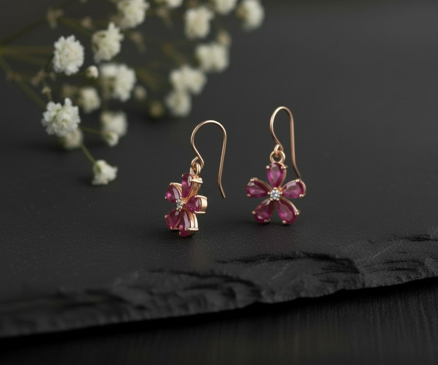 Natural Ruby & Moissanite Flower Pendant and Drop Earrings