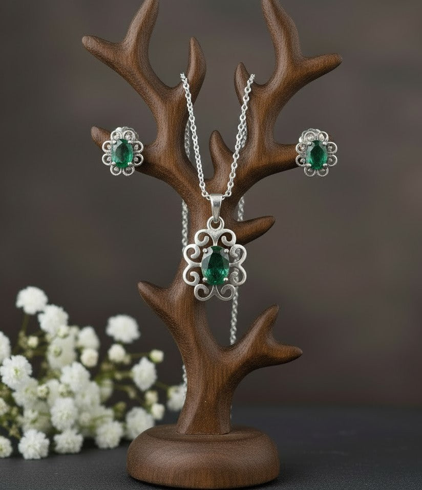 Enchanted Garden Set: Natural Emerald Flower Pendant & Stud Earrings in Sterling Silver