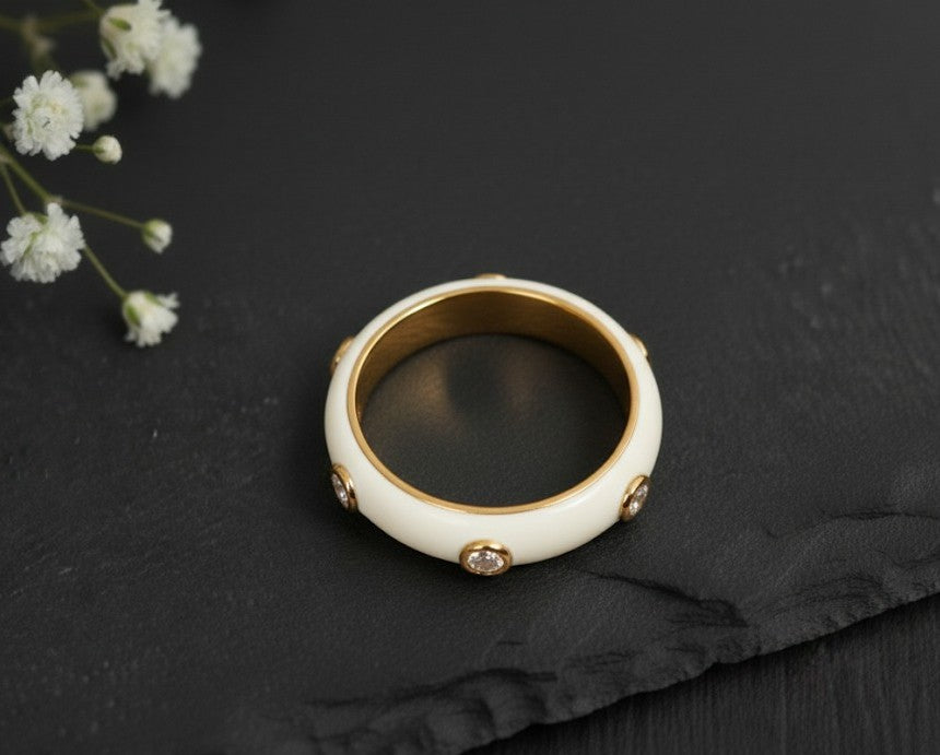 Brilliant Line Ring: Natural Moissanite Eternity Band with White Enamel Detail