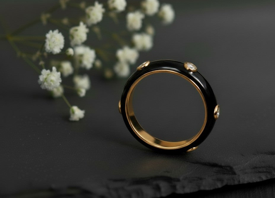 Brilliant Dot Band: Natural Moissanite Eternity Ring with Black Enamel in Sterling Silver