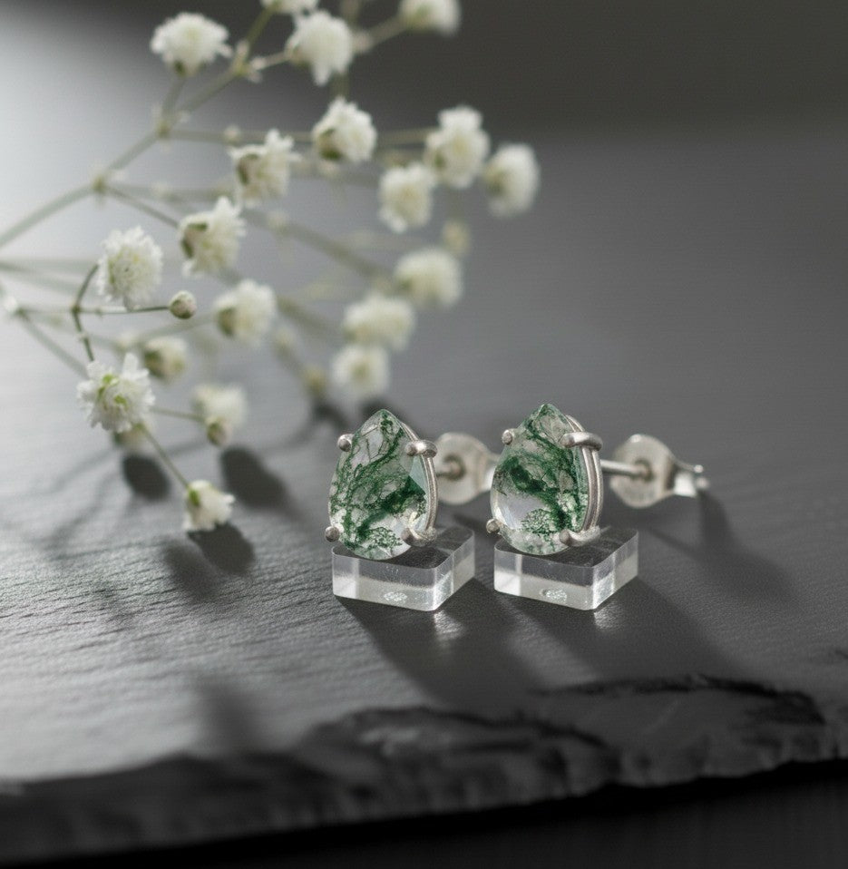 Enchanted Garden Studs: Natural Pear Moss Agate Earrings in Sterling Silver