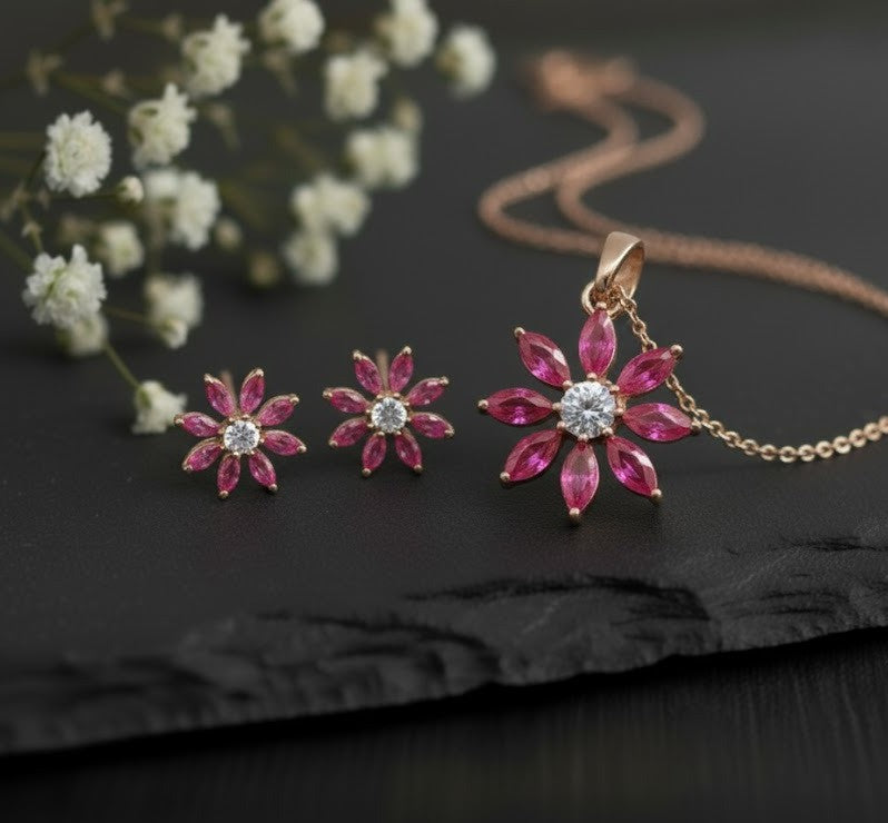 Ruby Petal Set: Natural Ruby & Moissanite Flower Pendant & Stud Earrings