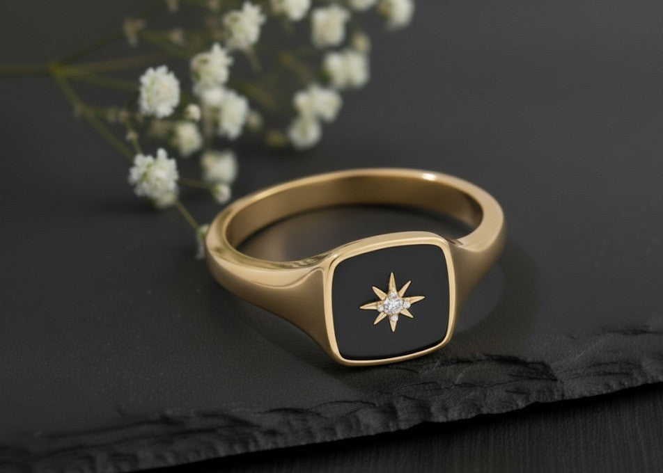 Celestial Star Signet Ring: Moissanite Starburst on Black Enamel Sterling Silver