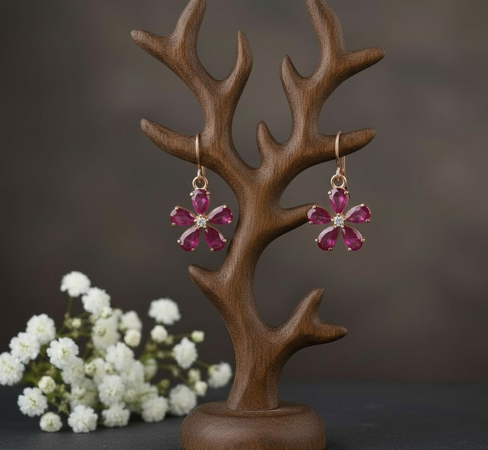 Natural Ruby & Moissanite Flower Pendant and Drop Earrings