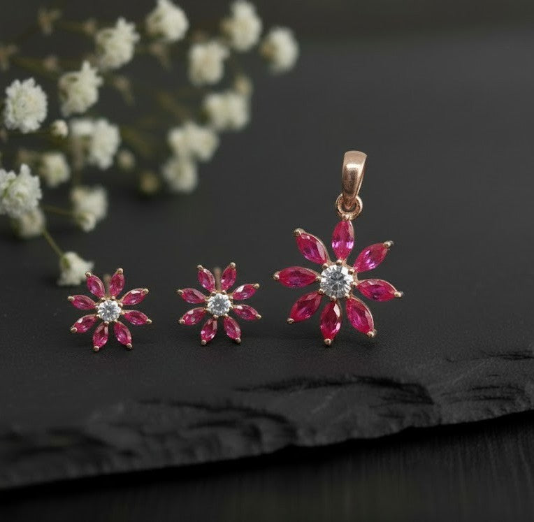 Ruby Petal Set: Natural Ruby & Moissanite Flower Pendant & Stud Earrings