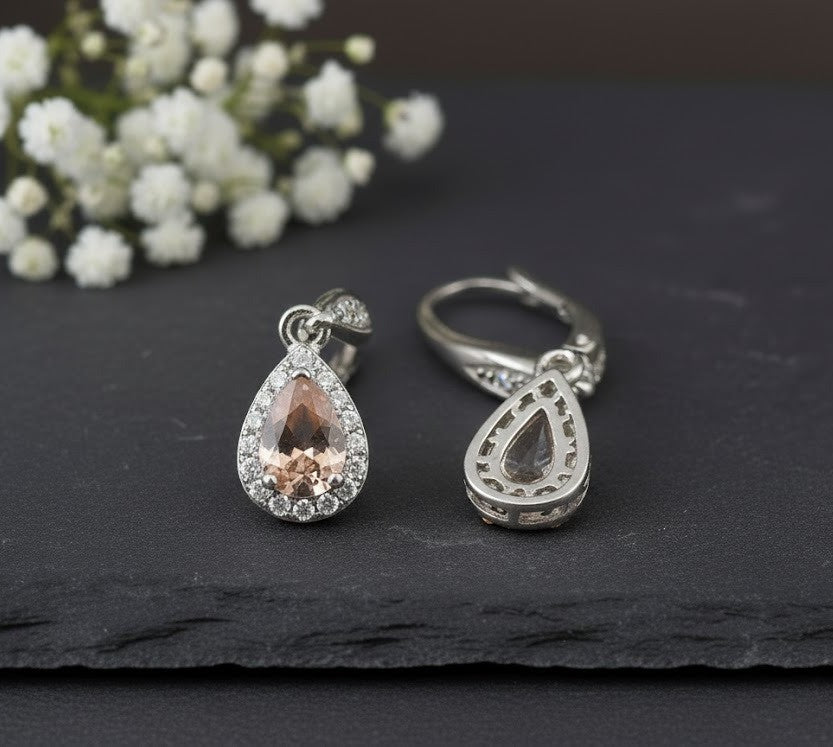 Romantic Blush Set: Natural Morganite & Moissanite Halo Pendant & Drop Earrings Jewelry Set