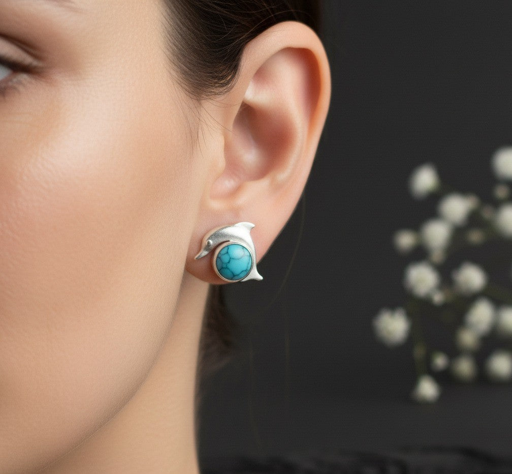 Ocean Spirit Studs: Natural Turquoise Dolphin Earrings in Sterling Silver