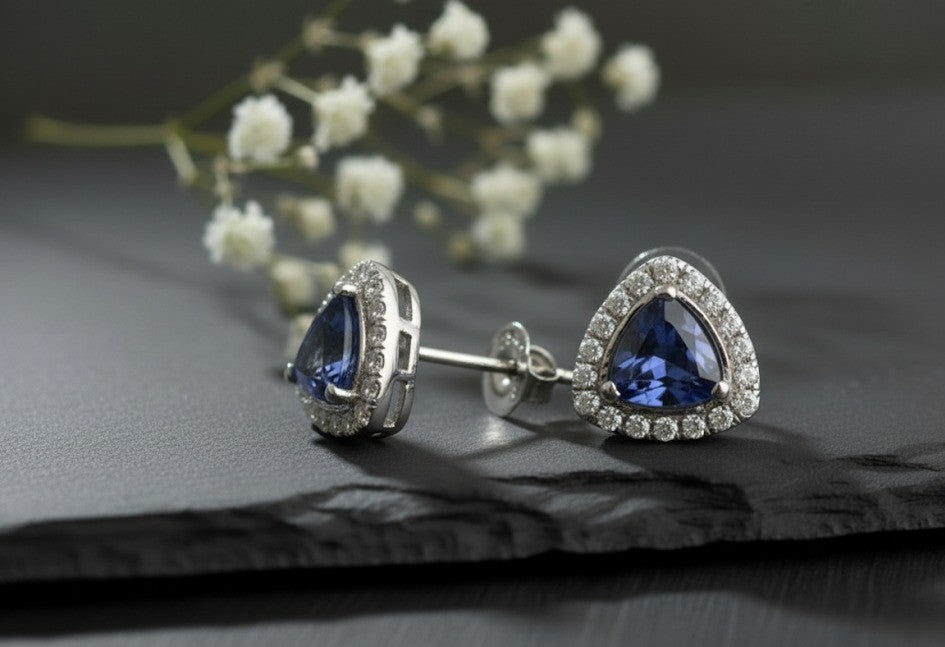 Regal Twilight Studs: Natural Tanzanite & Dazzling Moissanite Halo Earrings