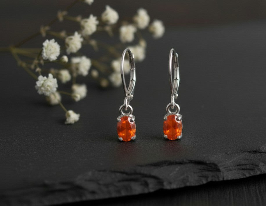 Flame Dance Drops: Natural Oval Fire Opal Dangle Earrings in Sterling Silver