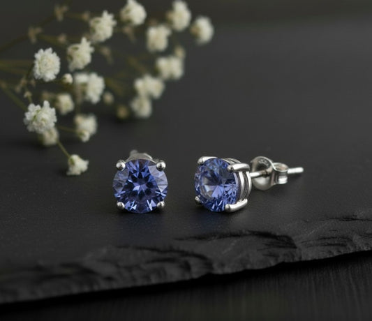 Violet Fire Studs: Natural Round Tanzanite Solitaire Earrings in Sterling Silver