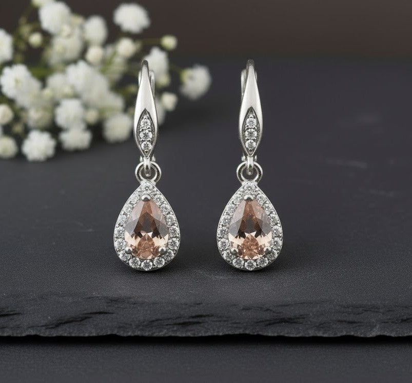 Romantic Blush Set: Natural Morganite & Moissanite Halo Pendant & Drop Earrings Jewelry Set
