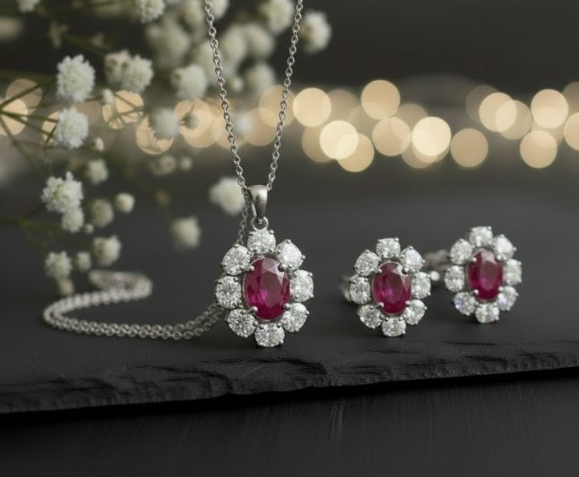 Twilight Halo Set: Natural Rhodolite Garnet & Moissanite Cluster Jewelry Set