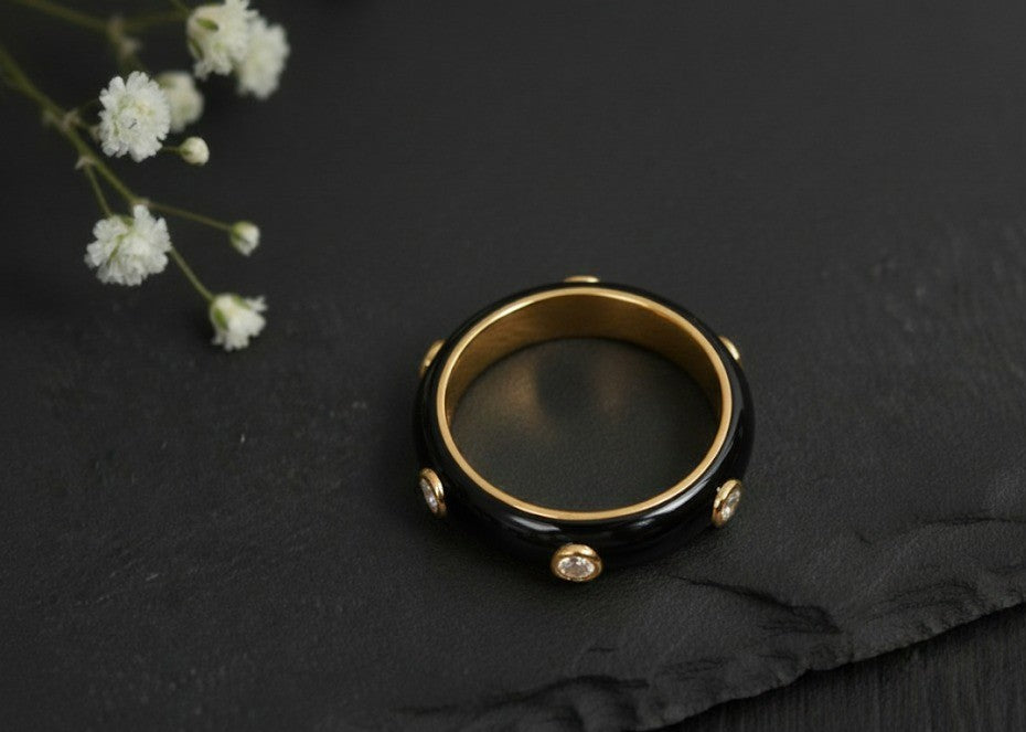 Brilliant Dot Band: Natural Moissanite Eternity Ring with Black Enamel in Sterling Silver