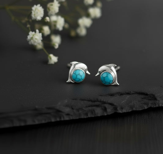 Ocean Spirit Studs: Natural Turquoise Dolphin Earrings in Sterling Silver