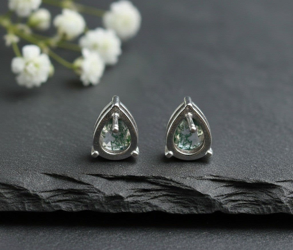 Enchanted Garden Studs: Natural Pear Moss Agate Earrings in Sterling Silver