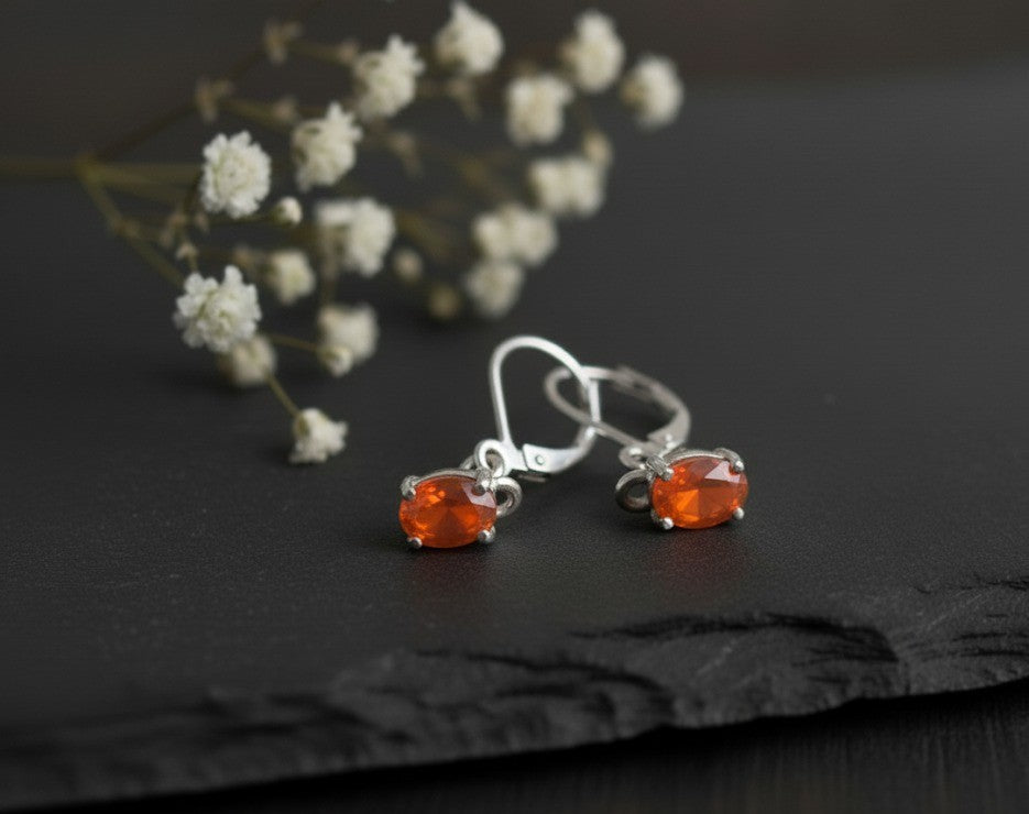 Flame Dance Drops: Natural Oval Fire Opal Dangle Earrings in Sterling Silver
