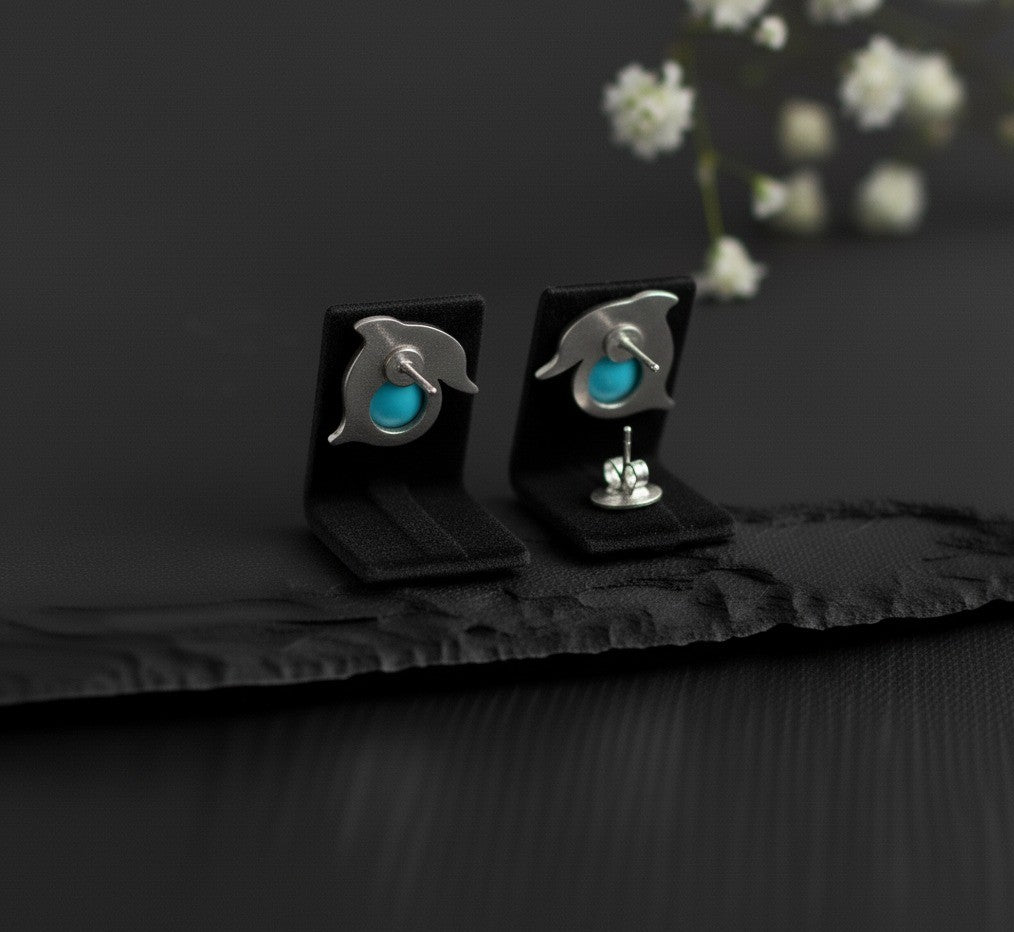 Ocean Spirit Studs: Natural Turquoise Dolphin Earrings in Sterling Silver