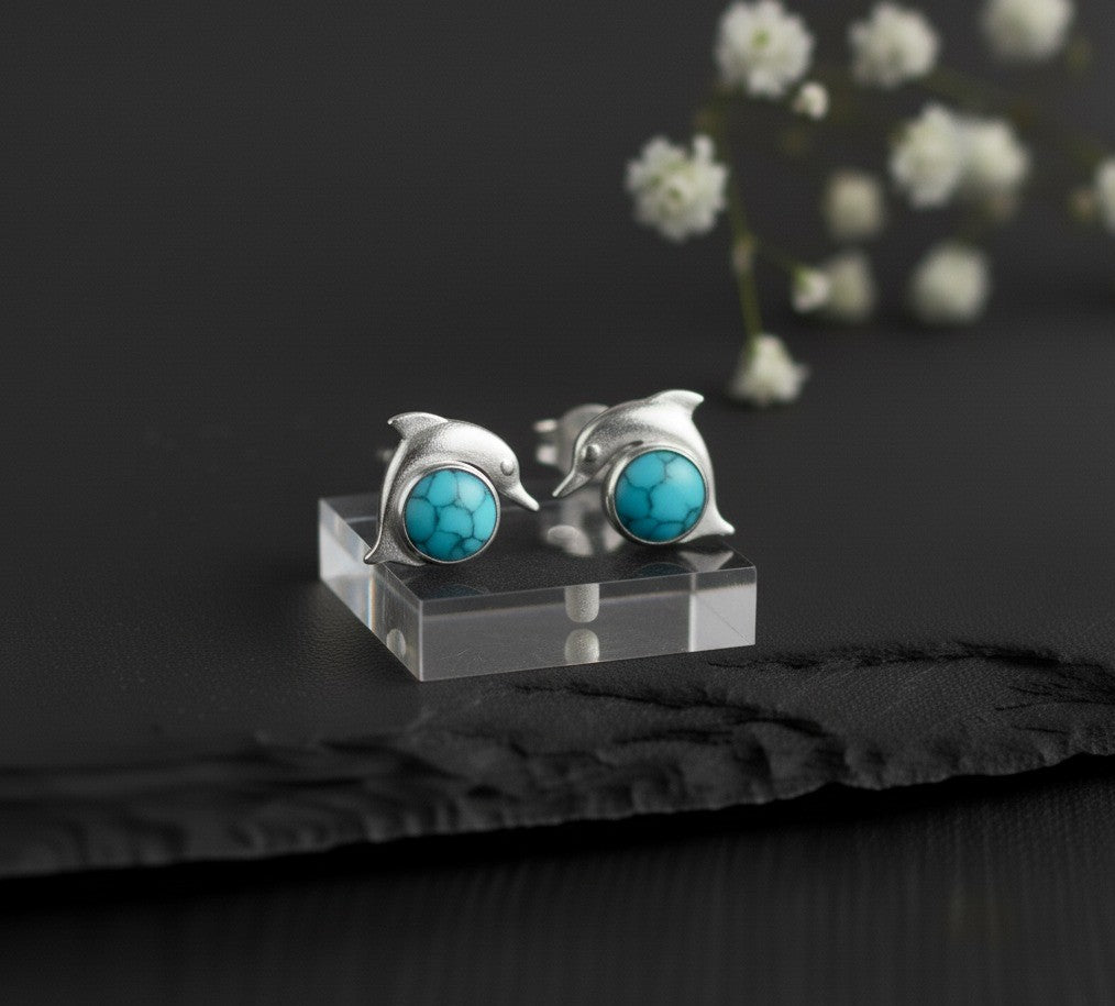 Ocean Spirit Studs: Natural Turquoise Dolphin Earrings in Sterling Silver