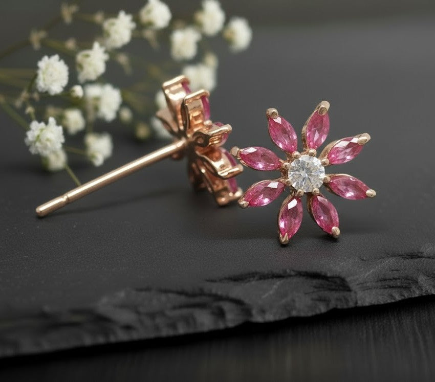 Ruby Petal Set: Natural Ruby & Moissanite Flower Pendant & Stud Earrings