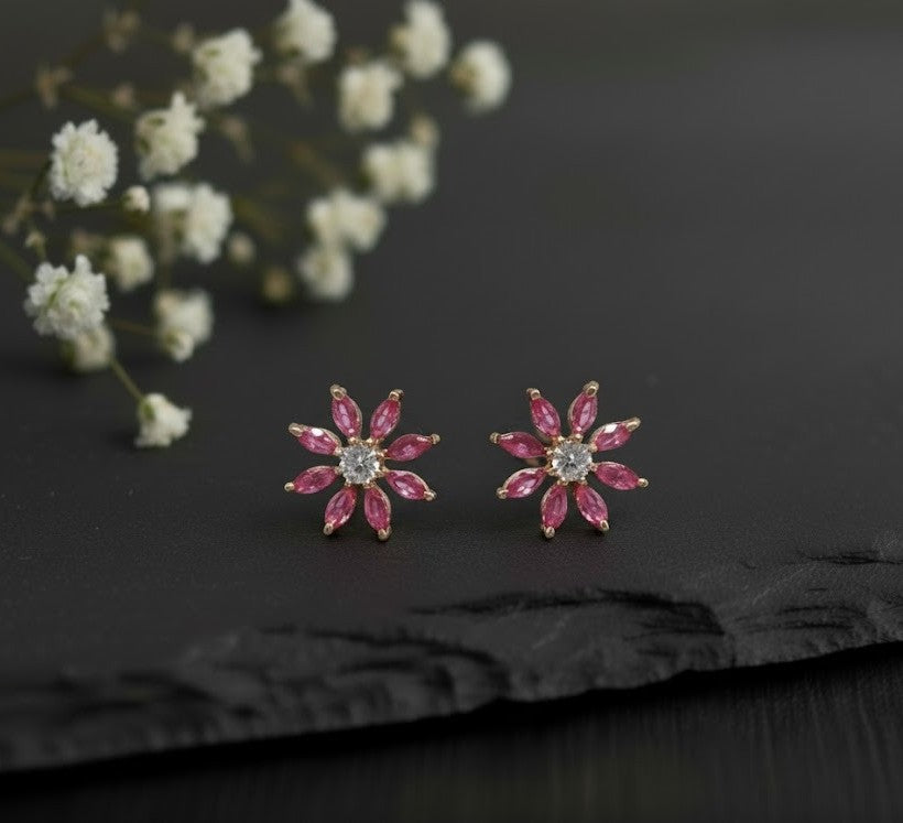 Ruby Petal Set: Natural Ruby & Moissanite Flower Pendant & Stud Earrings