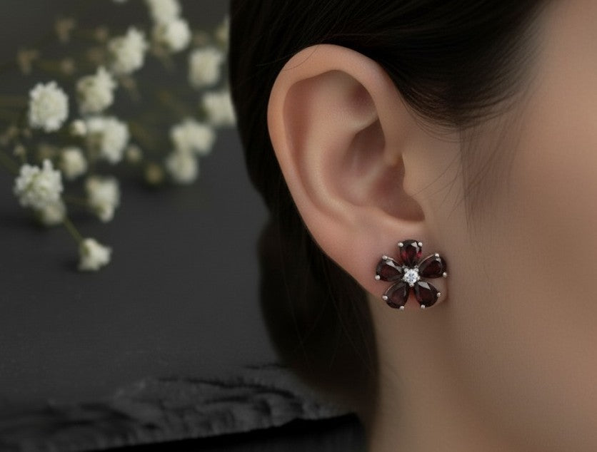 Floral Passion Studs: Natural Garnet Flower & Moissanite Accent Earrings