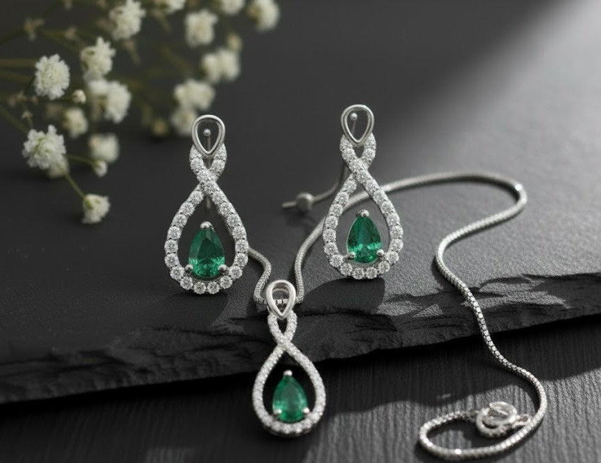 Eternal Radiance Set: Natural Emerald & Moissanite Infinity Drop Jewelry Set