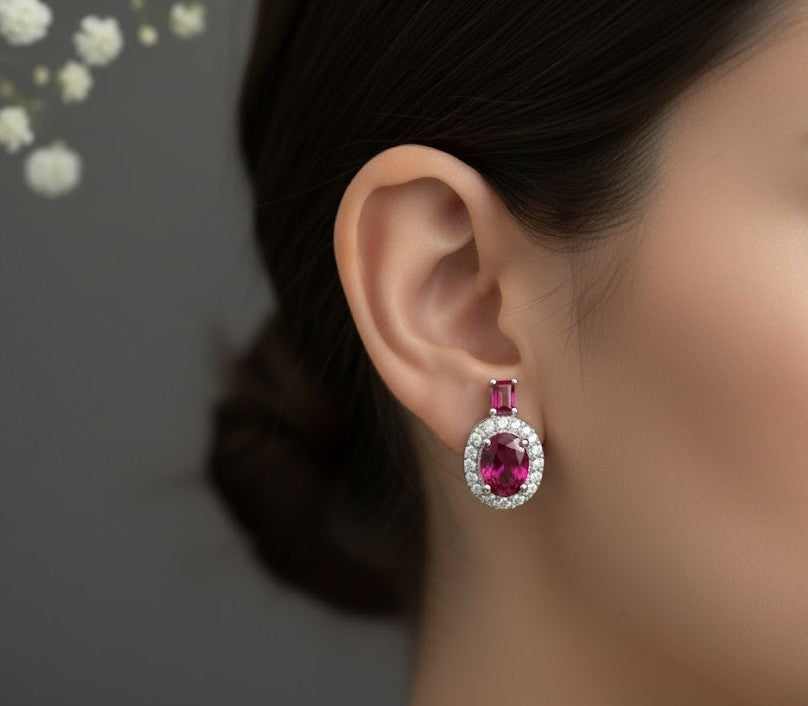 Twilight Romance Set: Natural Rhodolite Garnet & Moissanite Halo Pendant & Studs