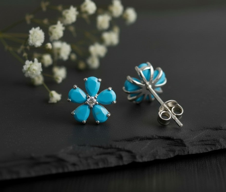 Blossom Studs: Natural Turquoise & Brilliant Moissanite Flower Earrings in Sterling Silver
