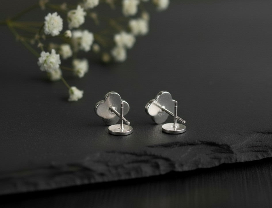 Midnight Bloom Studs: Black Enamel Clover Earrings in Sterling Silver