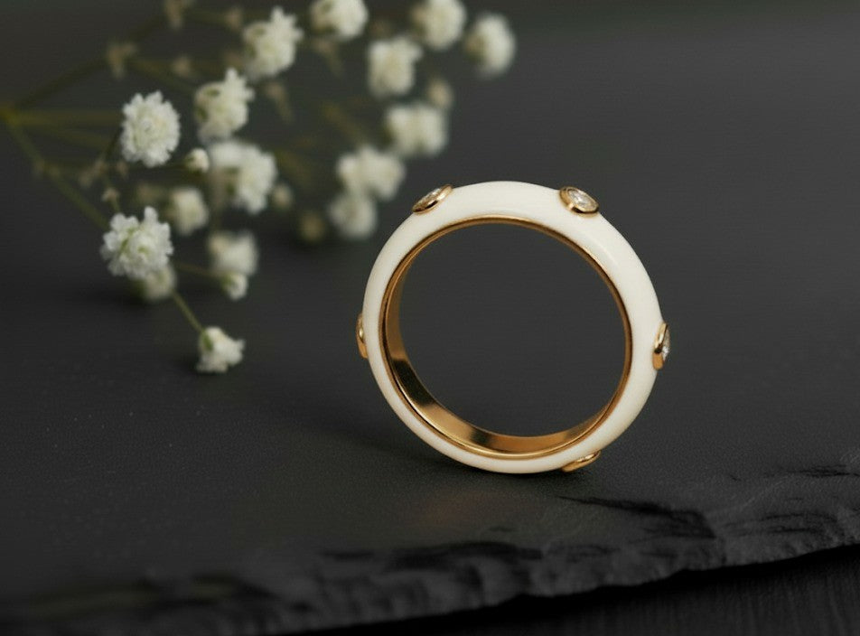 Brilliant Line Ring: Natural Moissanite Eternity Band with White Enamel Detail