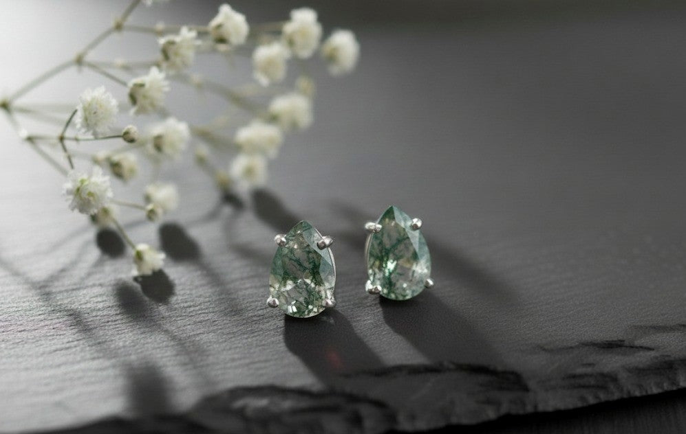 Enchanted Garden Studs: Natural Pear Moss Agate Earrings in Sterling Silver