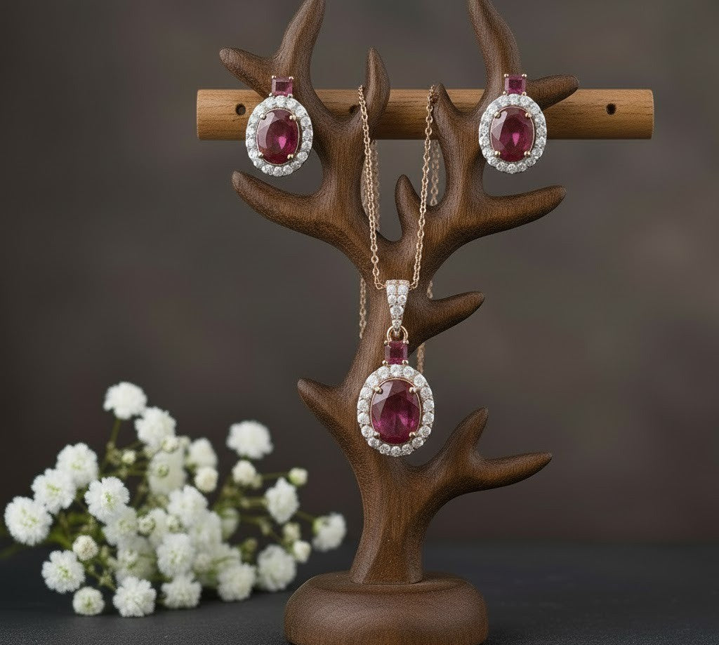 Twilight Romance Set: Natural Rhodolite Garnet & Moissanite Halo Pendant & Studs