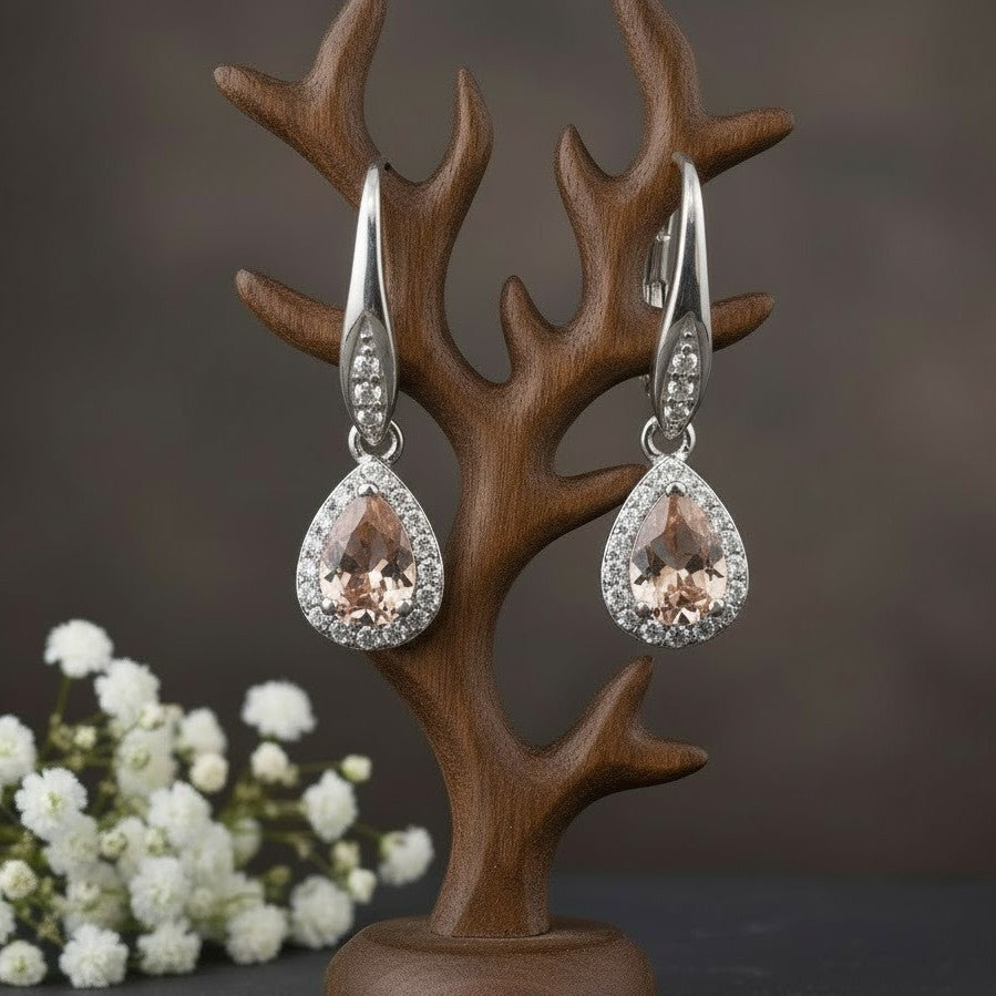 Romantic Blush Set: Natural Morganite & Moissanite Halo Pendant & Drop Earrings Jewelry Set