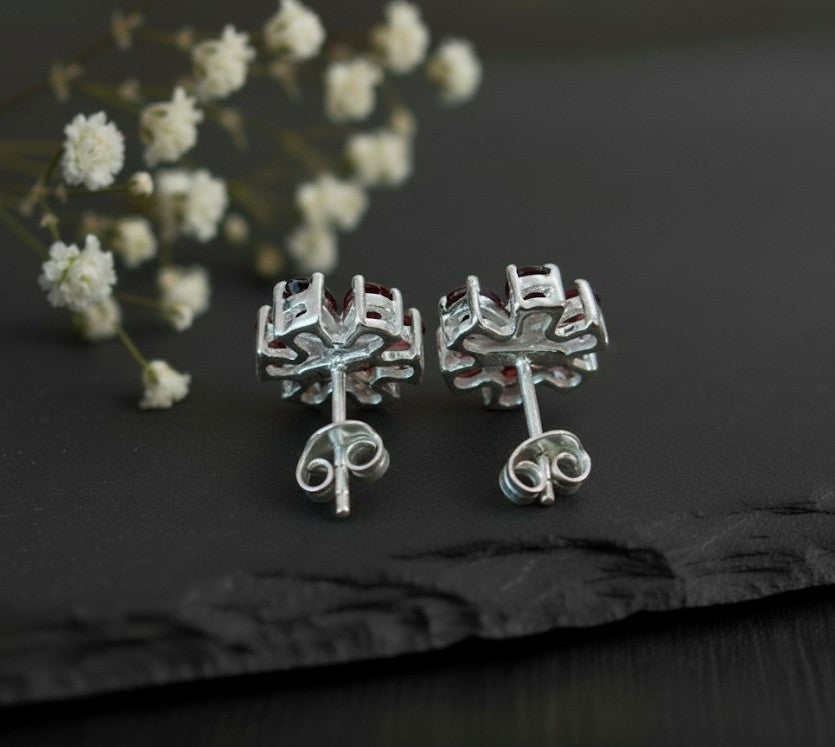 Floral Passion Studs: Natural Garnet Flower & Moissanite Accent Earrings